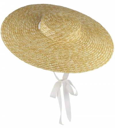 Sun Hats Women Vintage Boater Straw Hat Wide Brim Flat Top Floppy Derby Straw Hat Beach Sun Hats with Chin Strap - White - CA...