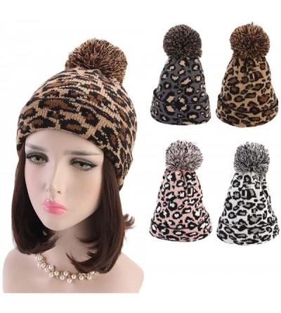 Skullies & Beanies Faux Fur Ball Hat Fashion Women Leopard Winter Warm Crochet Knitted Hat Cap Beanie - White - CY18L2IA6AK $...