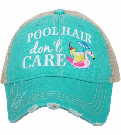 Baseball Caps Pool Hair Don't Care Women's Distressed Trucker Hat - Teal - CR18QA9XI49 $23.97