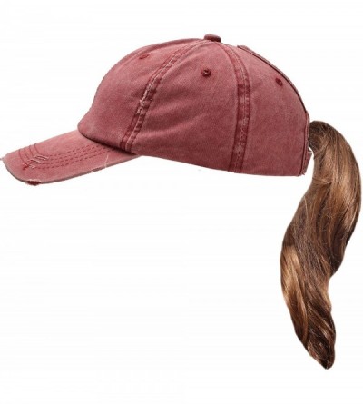 Baseball Caps Ponytail Baseball Cap High Bun Ponycap Adjustable Mesh Trucker Hats - 002 (Distressed Washed Cotton) - Red - CW...
