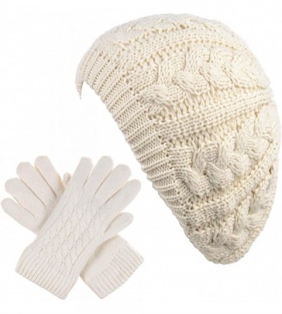 Berets Womens Winter Cozy Cable Fleece Lined Knit Beret Beanie Hat (Set Available) - Ivory Cable Hat Gloves Set - CV18UUMQ3O9...