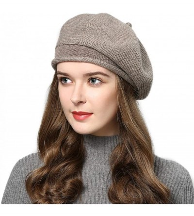Berets Women's Solid Knit Furry French Beret Chic Beanie - Fall Winter Paris Artist Cap Beanie Hat - Khaki - CK18Z4G5M3R $30.53