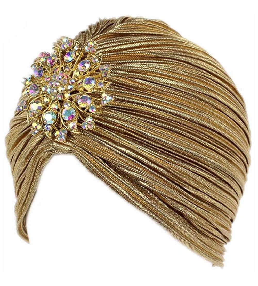 Skullies & Beanies Women's Ruffle Turban Hat Glitter Pleated Stretch Head Wraps Chemo Cap with Detachable Crystal Brooch - Go...