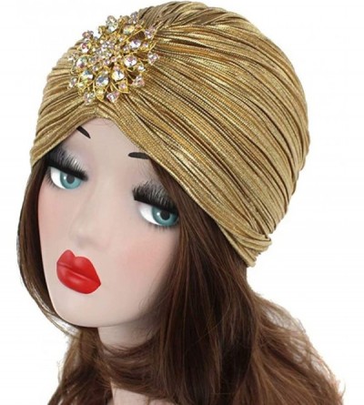 Skullies & Beanies Women's Ruffle Turban Hat Glitter Pleated Stretch Head Wraps Chemo Cap with Detachable Crystal Brooch - Go...