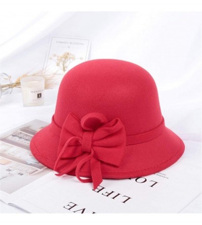 Fedoras Women's Retro Ribbon Flower Bow Solid Color Fedora Bowler Hat Caps - Red a - CZ1932A34YE $6.60