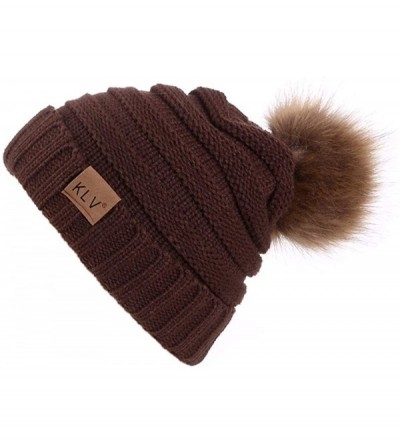 Skullies & Beanies Women Knit Slouchy Beanie Chunky Baggy Hat with Faux Fur Pompom Winter Soft Warm Ski Cap - Coffee - CO1927...