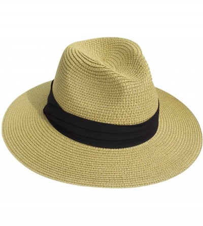 Fedoras Sun Straw Fedora Beach Hat Wide Brim Panama Hat for Both Women and Men UPF50+ - Beige - CZ18WYGNOEQ $14.61