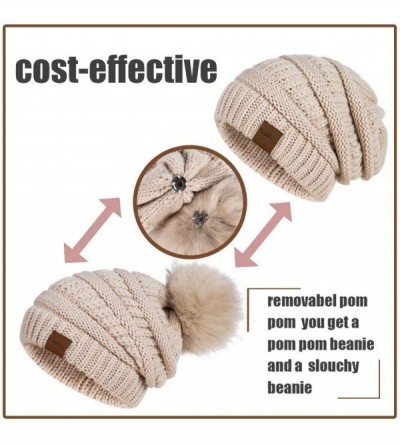 Skullies & Beanies Womens Winter Slouchy Beanie Hat- Knit Warm Fleece Lined Thick Thermal Soft Ski Cap with Pom Pom - White -...