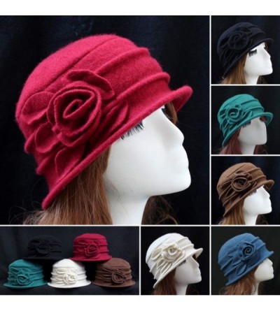 Berets Women 100% Wool Solid Color Round Top Cloche Beret Cap Flower Fedora Hat - 1 Dark Red - CC186WYA23Q $16.13