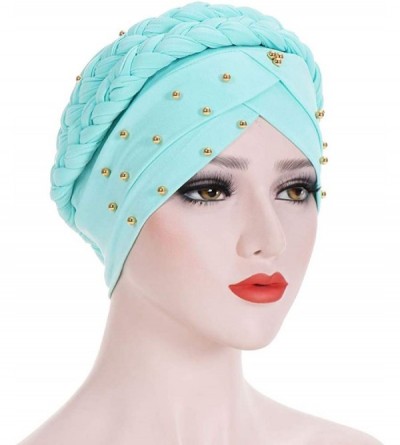 Skullies & Beanies Double Braid Turban Cotton Chemo Cancer Cap Muslim Hat Stretch Hat Head Wrap Cap for Women - Mint Green - ...