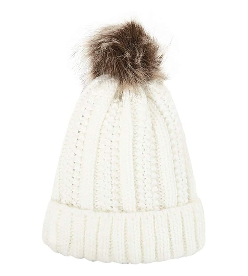 Bomber Hats Womens Winter Beanie Hat- Warm Cuff Cable Knitted Soft Ski Cap with Pom Pom for Girls - E - C318ADUZ7RE $11.69