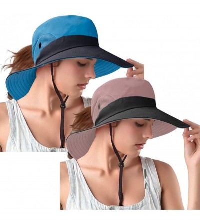 Sun Hats Women's Ponytail Safari Sun Hat- UPF 50+ Wide Brim Outdoor Bucket Hat with Chin Drawstring Strap-Fishing Hat - CB18S...