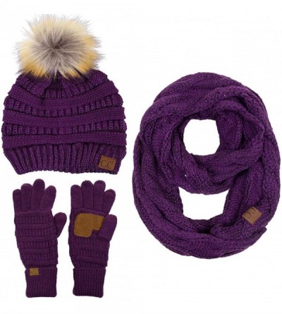 Skullies & Beanies 3pc Set Trendy Warm Chunky Soft Stretch Cable Knit Pom Pom Beanie- Scarves and Gloves Set - Metallic Purpl...