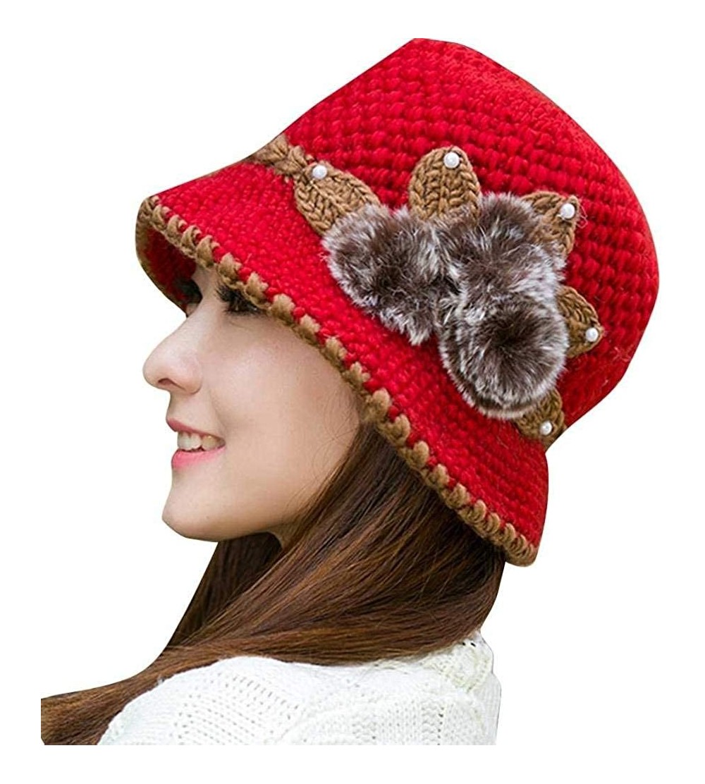 Skullies & Beanies Womens Hat Winter- Beret Cap- Elegant Womens Flower Knit Crochet Beanie Hat Winter Warm Cap - Red - C61899...