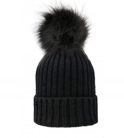 Skullies & Beanies Women's Winter Trendy Warm Faux Fur Pom Pom Fashion Knit Beanie Hats MM3003 - Black +Black - CW128Z04MEN $...