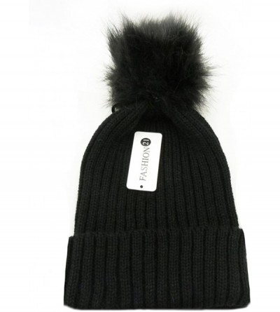 Skullies & Beanies Women's Winter Trendy Warm Faux Fur Pom Pom Fashion Knit Beanie Hats MM3003 - Black +Black - CW128Z04MEN $...